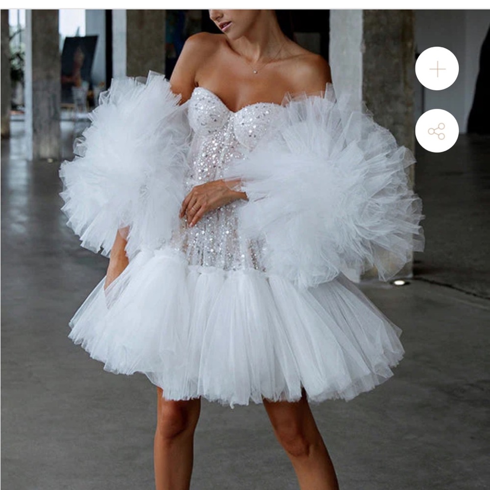 Ballbella White Sequin Beaded Dress w/ tulle skirt and pull on tulle arm bands
